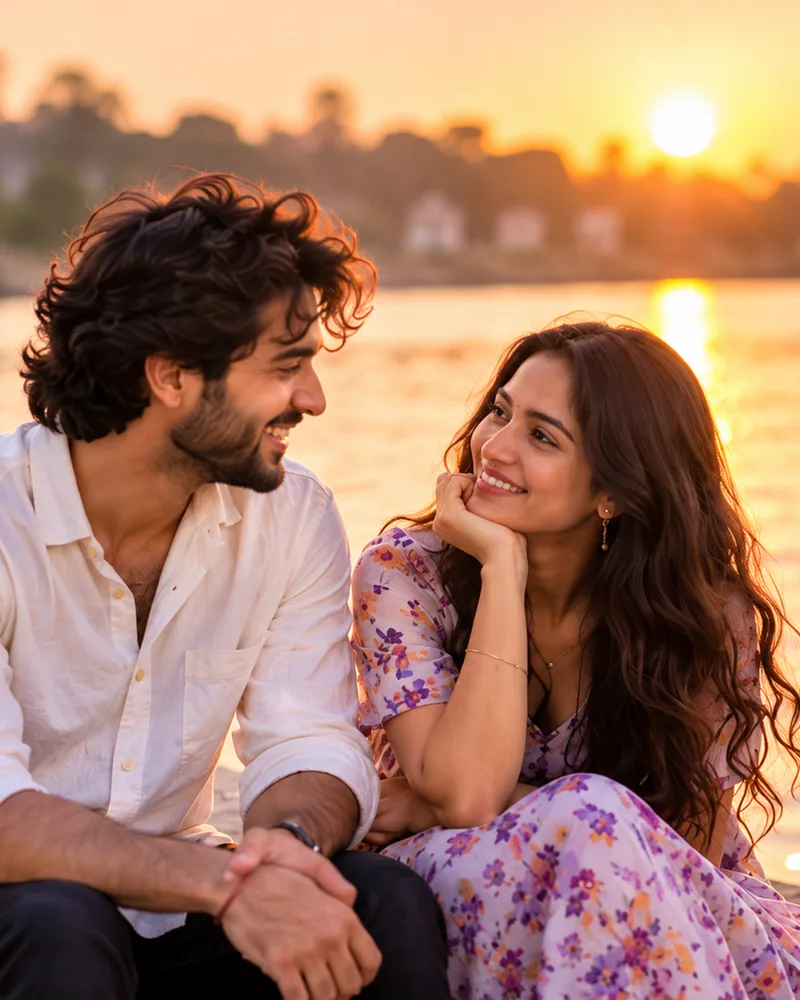 Couple smiling at each other by the water at sunset