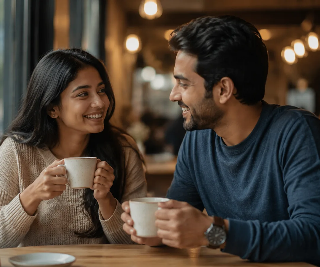 Couple smiling at each other over coffee in a café